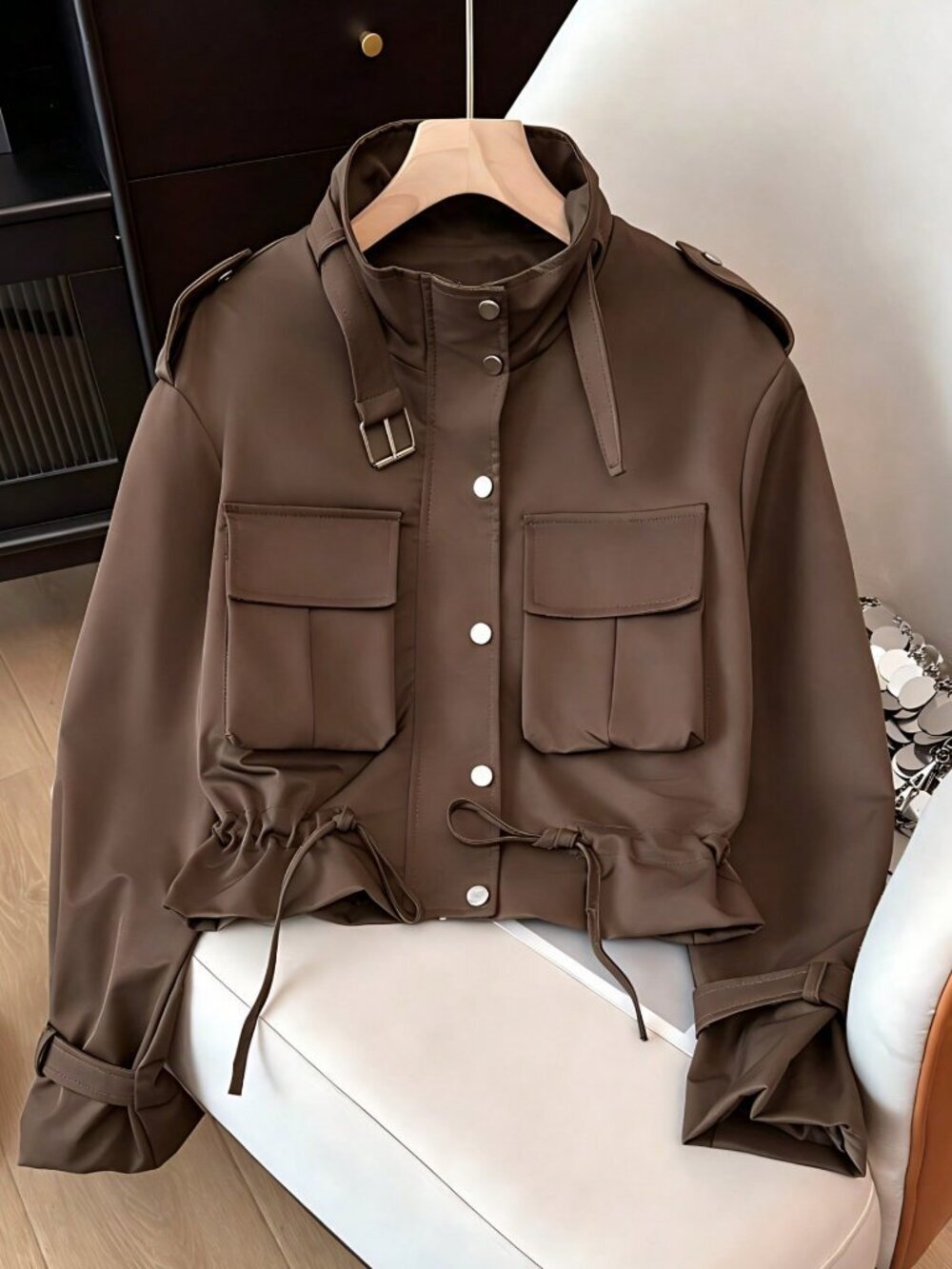 Coffee Brown Casual Women's Multi-Pocket Utility Jacket with Funnel Neck